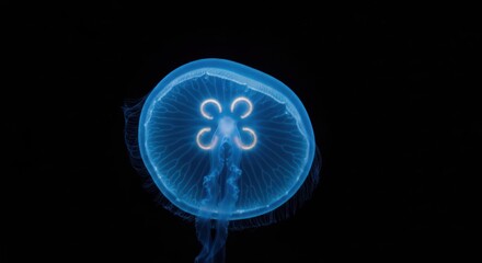 Obraz premium A luminous jellyfish, pale blue, against black