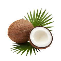 Whole and halved coconut with vibrant green palm leaves on transparent background