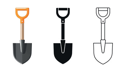 Three shovel illustrations including a silhouette style
