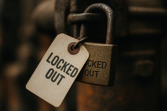 Close-up of a heavy padlock with a 'Locked Out' tag, symbolizing security, access denial, and the concept of restriction in safety practices and organization. Themes of control and safety management.