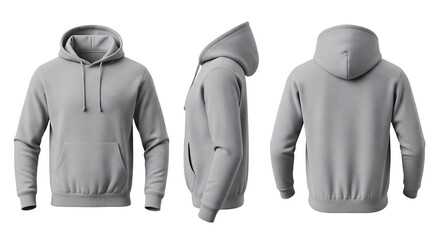 Blank Gray Hoodie Mockup Front, Side, and Back Views on Transparent Background © Drip