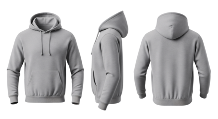 Blank Gray Hoodie Mockup Front, Side, and Back Views on Transparent Background