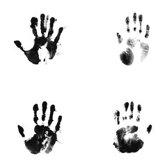Four black ink handprint impressions isolated on transparent background