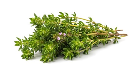 Fresh Thyme Herb Sprigs with Tiny Purple Flowers.