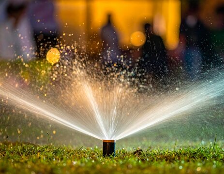 Close-up of a garden sprinkler system watering lush green grass during twilight hours - Powered by Adobe