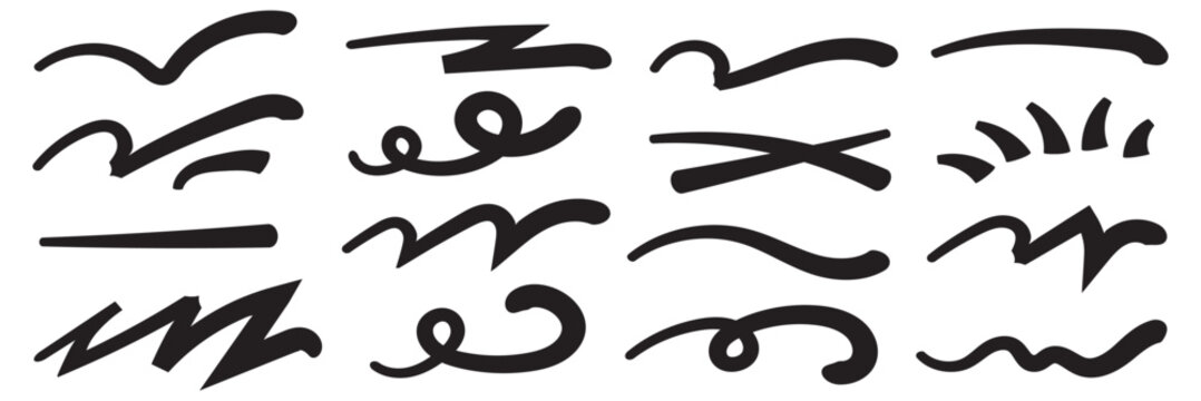 Red squiggle brush scribble underline. Marker pen emphasis highlight red swoosh stroke. Vector swoosh brush underline set for accent, marker emphasis squiggle element. Vector stock illustration 
