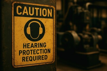 Caution sign indicating the need for hearing protection in a noisy industrial workplace. Concept of safety regulations, occupational health, and workplace awareness.