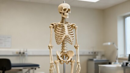 AI-generated ultra-realistic image of a human skeleton anatomy model standing in a bright medical classroom, designed for education and healthcare training purposes.