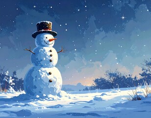 Whimsical snowman stands in a snowy field under a starry night sky, painted with soft, painterly brushstrokes