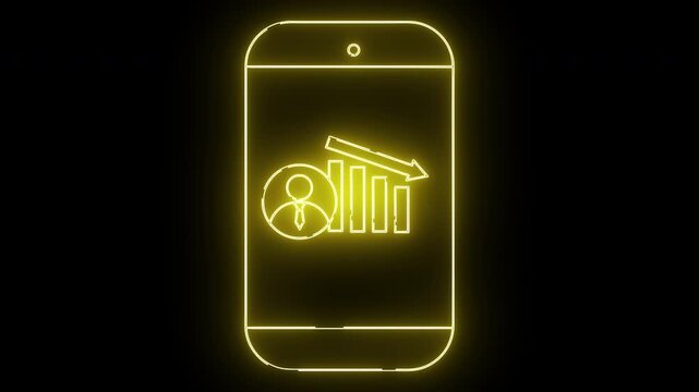 Neon phone outline displays a graph with a declining arrow and a person with a tie icon