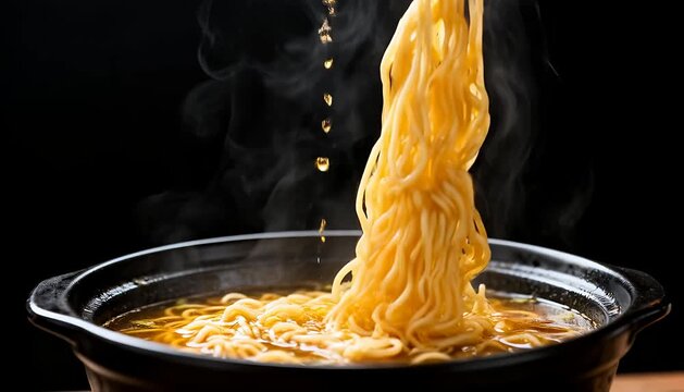 Steaming hot instant noodles being lifted from a dark bowl, food photography