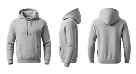 Blank Heather Grey Hoodie Mockup Front, Side, and Back Views on Transparent background