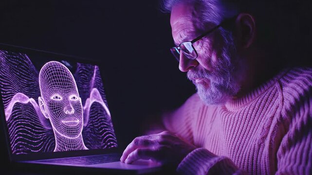 Senior man with glasses interacts with glowing AI wireframe head on laptop, exploring future technology.