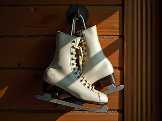White ice skates hanging on a rustic wooden wall with copy space
