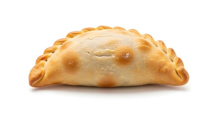 Golden Baked Empanada with Fluted Edges on White Background.