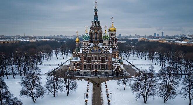 Aerial view of a historic cathedral with colorful onion domes, snow, and bare trees