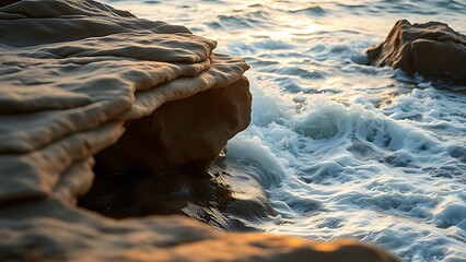 hollows. Ocean waves eroding coastal rock formation with smooth hollows at golden hour. ESG reports, sustainability campaigns, designed for sustainability communications and ESG reporting.