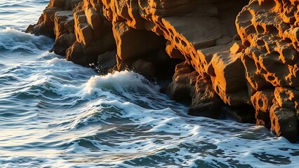 hollows. Ocean waves eroding coastal rock formation with smooth hollows at golden hour. ESG reports, sustainability campaigns, designed for sustainability communications and ESG reporting.