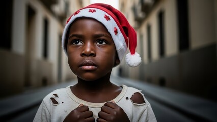 Child Wearing Santa Hat Looks Hopeful