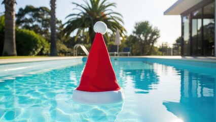 Christmas hat floating in a swimming pool