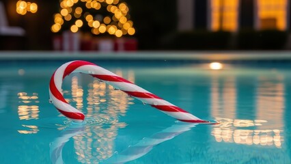Festive Candy Cane Floats in Blue Swimming Pool Water