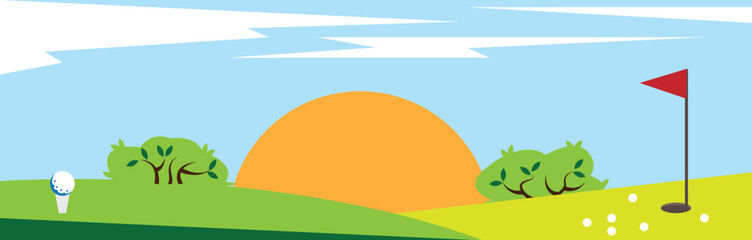Golf Course with Sun and Ball Landscape. Sports and outdoor leisure activities vector art
