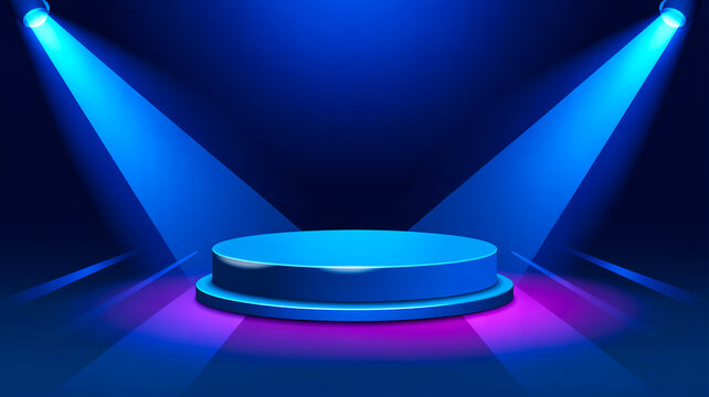 3D circular podium glowing under intense blue spotlights on dark background