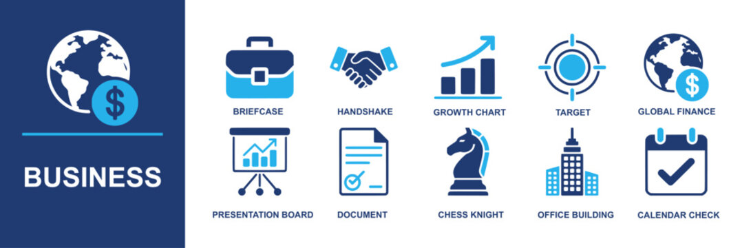 Business icon set. Containing briefcase, handshake, growth chart, target, global finance, presentation board, document, chess knight, office building, analytics dashboards and more. Solid vector icons
