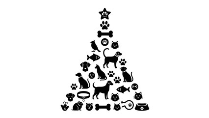Christmas tree illustration composed of various pet-related silhouettes, festive and creative.