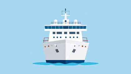 Fototapeta premium White cruise ship on blue ocean with bridge and antenna. Simplified cartoon style and bright, clean design