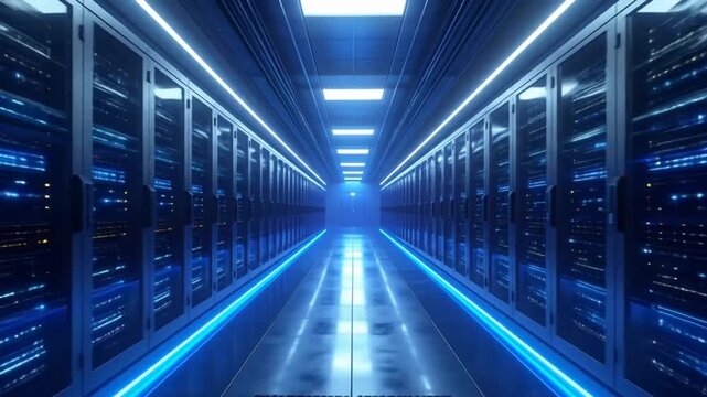 Server Room Data Center with Blue Lights and Servers