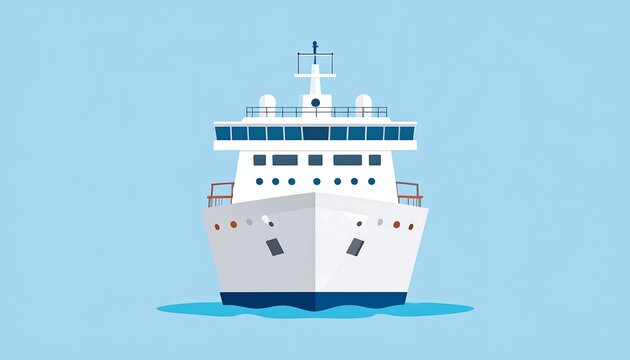 White cruise ship on blue ocean with bridge and antenna. Simplified cartoon style and bright, clean design
