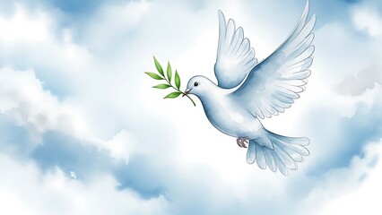 Obraz premium Watercolor illustration of a white dove carrying an olive branch in soft blue sky tones, symbolizing peace and global harmony.