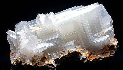 White crystalline mineral formation resting on a brown surface, illuminated against a dark background