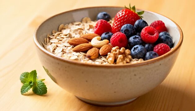 Wholesome oatmeal bowl with berries, nuts, and mint leaf