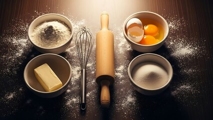 Baking preparation ingredients laid out on a dark surface ready to start cooking sweet treats