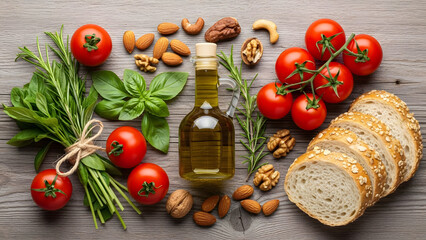 Overhead shot of ingredients for a Mediterranean meal: tomatoes, bread, olive oil, herbs, and nuts.