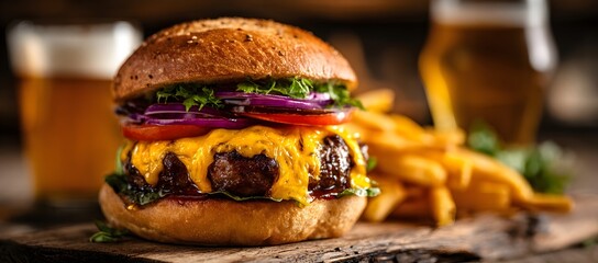 A juicy cheeseburger with melted cheddar, fresh lettuce, tomato, and red onion in a sesame bun. Crispy fries in the background create a rich, appetizing and rustic food 