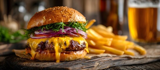A juicy cheeseburger with melted cheddar, fresh lettuce, tomato, and red onion in a sesame bun. Crispy fries in the background create a rich, appetizing and rustic food 