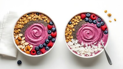 Two Delicious Smoothie Bowls with Granola Chia Seeds Berries and Coconut for Healthy Eating