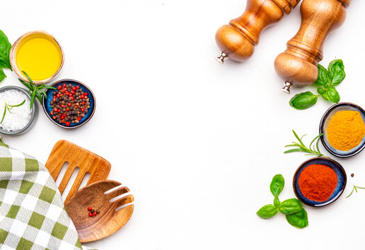 Food, cooking, spices background, chili pepper and turmeric, white copy space, top view - Powered by Adobe