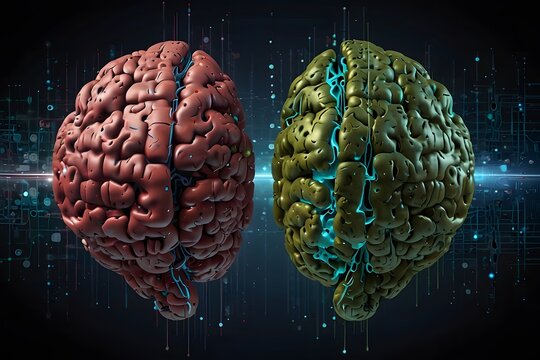A futuristic illustration of two brains with contrasting colors and technology - Powered by Adobe