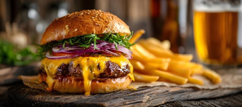 A juicy cheeseburger with melted cheddar, fresh lettuce, tomato, and red onion in a sesame bun. Crispy fries in the background create a rich, appetizing and rustic food