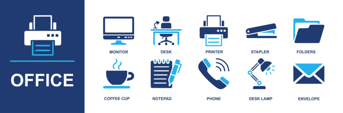 Office icon set. Containing monitor, desk, printer, stapler, folders, coffee cup, notepad, phone, desk lamp, envelope, workstation supplies for branding, templates and more signage. Solid vector icons