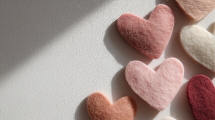 Obraz premium Soft Felt Heart Cutouts in Dusty Rose and Blush Pink, Minimalist Composition on White Background 