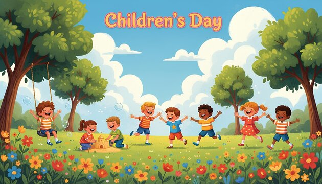 Happy children day with illustration children play on the meadow