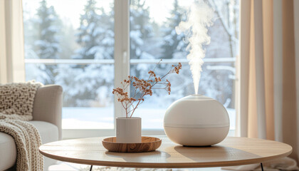 冬の日差しが差し込む寝室　加湿器がミストを放つ温かみのある室内風景