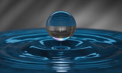 A single, spherical drop of water, suspended above rippling water. A spectrum of iridescent colors surrounds the drop