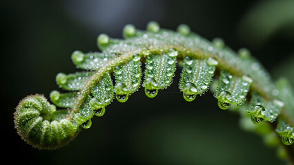 Naklejka premium Macro View of Green Fern Fiddlehead Unrolling with Dew Drops