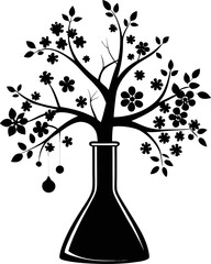 Laboratory flask transforming into a blooming tree black Silhouette , white background